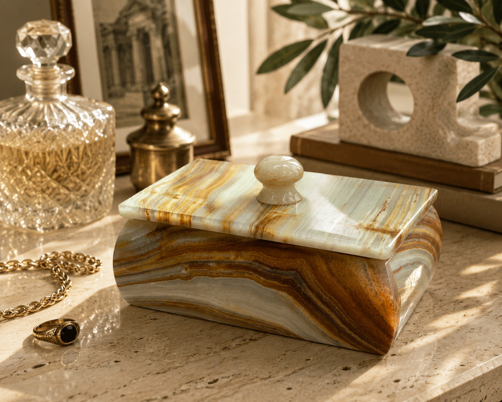 Vintage Banded Onyx Stone Lidded Trinket Box Jewelry Keepsake Vanity Decor Box